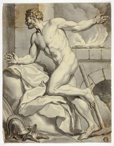 Male Nude Kneeling beside a Furnace, with Helmet and Metal Gloves on Floor by Louis Cheron