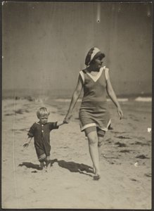 Florence and Infant Walking on Beach by Louis Fleckenstein