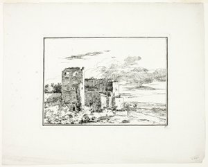 Ruined Buildings near a River Bank, plate 9 from Fourth Series of Landscapes Drawn and Etched by Moreau by Louis Gabriel Moreau