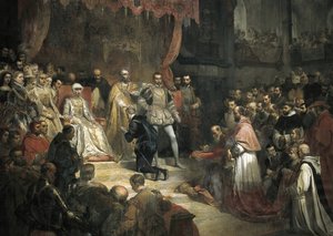 The Abdication of Charles V (1500-1558) in Favor of His Son Philip II (1527-1598) by Louis Galna