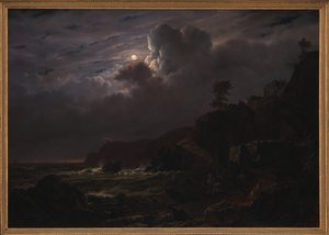 View of Kullen in Sweden. Smugglers Hiding their Goods among the Rocks. Moonlight