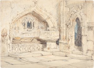 Interior of a Church with a Wall Tomb and Medieval Font by Louis Haghe