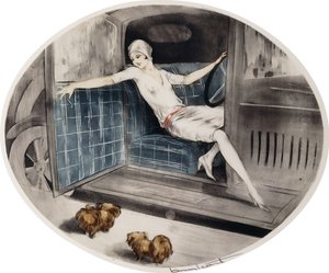 Woman in a Car with Two Pekinese by Louis Icart