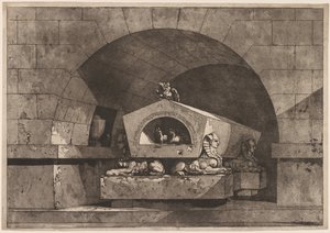 Tomb with Sphinx: Funerary Monument with an Owl on a Sarcophagus Supported by Sphinx by Louis Jean Desprez