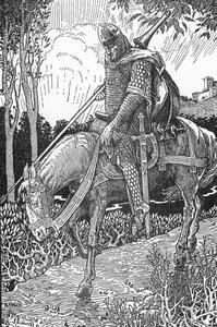 Mordred wounded after the battle of Camlann against his father King Arthur Illustration by Louis Rhead (1858-1926) from “King Arthur and his knights” 1923 Private collection by Louis John Rhead