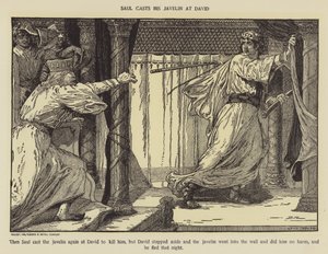 Saul casts his javelin at David