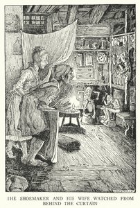 The shoemaker and his wife watched from behind the curtain by Louis John Rhead