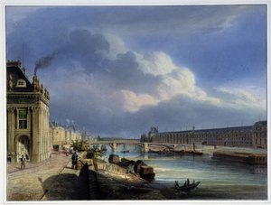 View of the Pont du Carrousel and the Grand Galerie du Louvre - in Paris en 1837 by Arnout by Louis Jules Arnout