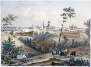 Bouvier in the Breton countryside (Dinan in the distance) - lithography by Jacottet and Benoist by Louis Julien Jacottet