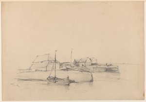 Houses and Two Ships by the Coast by Louis Meijer