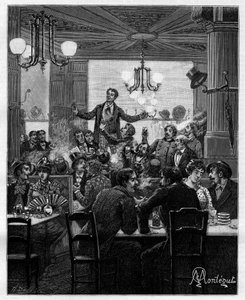 In the middle, on a table, Desroches leads the charivari. Scene in a Parisian cafe: people sing, drink, smoke, chat and flirt around tables. In 