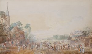 The Duke of Penthievre with Benjamin Franklin on his right side attending a review of his volunteer regiment next to his chateau at Rambouillet by Louis Nicolas van Blarenberghe