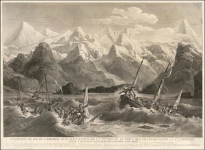1786 engraving of a shipwreck of two small boats that were part of the La Perouse Expedition