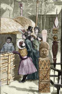 Exposition Universelle 1889 - The Canaque village at the Esplanade des Invalides (the Canaques exhibited during the exhibition: Human Zoo) - Drawing by Louis Tinayre (1861-1942) - in 