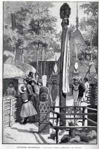 Exposition Universelle 1889 - The canaque village at the Esplanade des Invalides (the canaques exhibited during the exhibition: Zoo Humane). Drawing by Louis Tinayre - in “The Illustrous World” of 22/07/1889 by Louis Tinayre