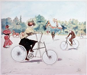 Woman on bike - drawing by L. Vallet by Louis Vallet