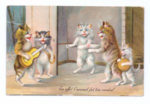 Cat Playing a Guitar with Three Other Cats and a Kitten, c.1910