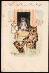 We enjoy the good weather. Animals in human posture. Sea bathing of cats on vacation. Postcard. Chromolithograph by Louis Wain, early 20th century. Private collection by Louis Wain