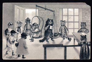 We enjoy the good weather. Animals in human posture. Cat as jockey being weighed on a scale. Postcard. Chromolithograph by Louis Wain, early 20th century. Private collection