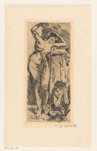 Female Nude with Fan in Hand and a Crouching Figure to Her Right by Lovis Corinth (signed by artist)