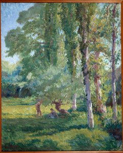 Couple on the grass under a poplar by Loys Prat