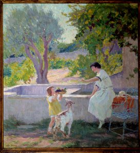 Madame Prat and Her Daughter in the Garden with the Little Goat by Loys Prat