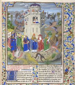 Fortress of Faith Miniature of the Saints Gregory, Augustine, Jerome, and Ambrose Fighting Demons by Loyset Liedet