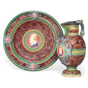 A Minton majolica ewer and stand by Ltd Mintons