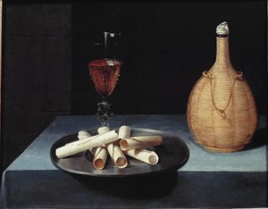 Still Life with Wafer Dessert of Biscuits, Wine Bottle and Glass by Lubin Baugin
