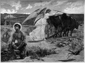 Saint Isidore, patron of the plowers. An angel helps Saint Isidore plow a field with a plow. 19th century. Engraving after the painting by Luc Olivier Merson. In 