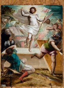 Resurrection, Jesus Holds a Stick Cross at the End of Which Floats a Standard Mark of a Red Cross