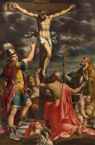 Altar of San Fermo, Crucifixion with Saints Fermo Jerome and Pope Gregory XIV, Luca Cattapane 1593 by Luca Cattapane