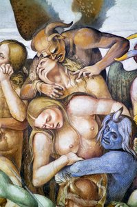 Damned in hell (detail with self-portrait of Luca Signorelli as a blue demon), from Last Judgment fresco cycle