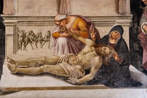 The interior, Chapel Nova or Chapel of St. Brizio, Chapel of the Holy Bodies: "Lamentation of the Dead Christ" between the two saints of Orvieto (S. Parenzo on the right and S. Faustino on the left) by Luca Signorelli