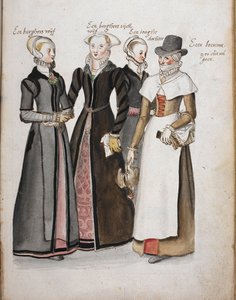 Four Englishwomen in dress of the Elizabethan era: a wife of a citizen of London, a wife of a wealthy citizen of London, a daughter of the London