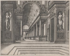 View in a Church with Corinthian Columns and Statues of Apollo, Melpomene, and Moses by Lucas van Doetechum and Johannes
