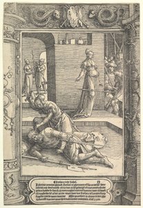 Jael Killing Sisera, ornamental frame by Lucas van Leyden