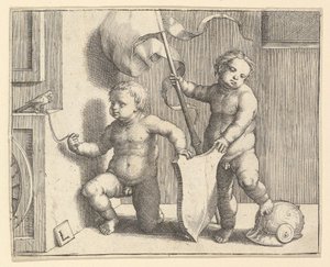 Two Nude Children Supporting a Blank Shield, ca. 1510