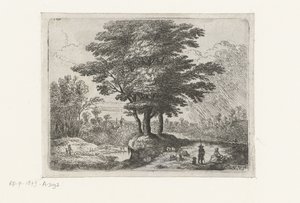 Three Trees, a Shepherd with Sheep and a Dog by Lucas van Uden