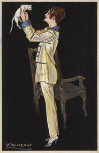 Girl in Pyjamas Holding White Cat by Luciano Achille Mauzan