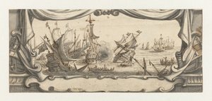 Naval Battle in a Cartouche by Ludolf Bakhuysen