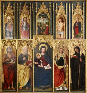Retable, 10 Panels: Virgin and Child between Saint John the Baptist and Saint Peter, A Bishop and Abbot, Christ on the Cross between Saint John and the Virgin, Saint Martin and Saint Victor, Saint Sebastian and Saint Margaret by Ludovico Brea