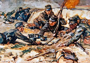 Bringing rations to the Austrian trenches under fire from Russian artillery by Ludwig Putz