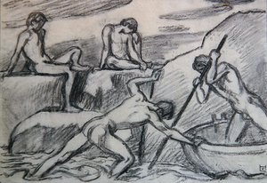 Naked Boatman and Youths on a Green Shore by Ludwig von Hofmann