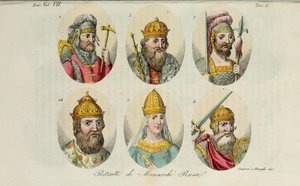 Rurik, Igor of Kiev, Olga, Sviatoslav, Vladimir the Great, Ivan IV from Il costume antico by Giulio Ferrario