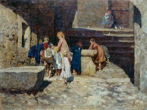 Children at the fountain by Luigi Rossi