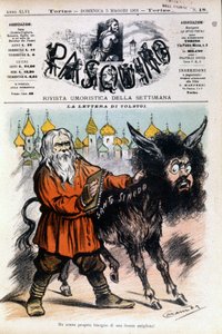 Caricature on Tolstoy by Luigi Sapelli Caramba concerning the letter sent by Tolstoy to the Holy See. Cover of Pasquino on 05/05/1901 by Luigi Sapelli Caramba