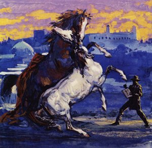 Delacroix saw two wild stallions fighting and sketched the scene by Luis Arcas Brauner