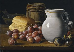 Still life with plums, figs, bread and jug, Second Half of the 18th century by Luis Egidio Melendez