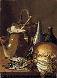 Still Life with Herrings, Green Onions, Bread, and Kitchen Utensils by Luis Egidio Melendez